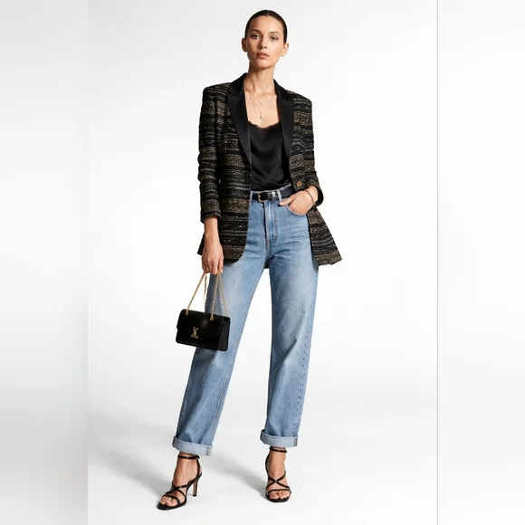 ST JOHN Metallic Knit Jacket Satin Lapels Black Gold Silver 4 S - Picture 3 of 14